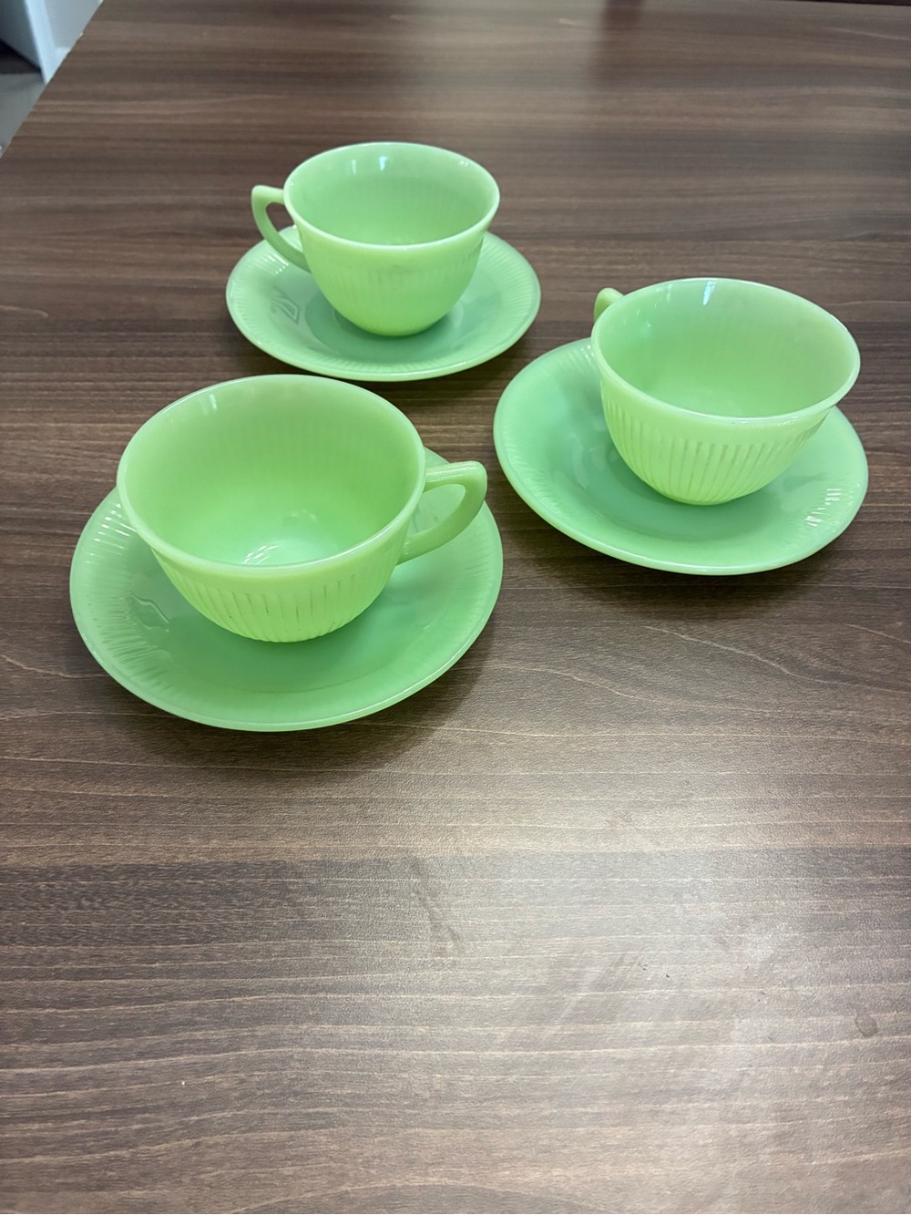 Viintage Fire king Jadeite Jane Ray Starburst Cups & Saucers. Set of 3.